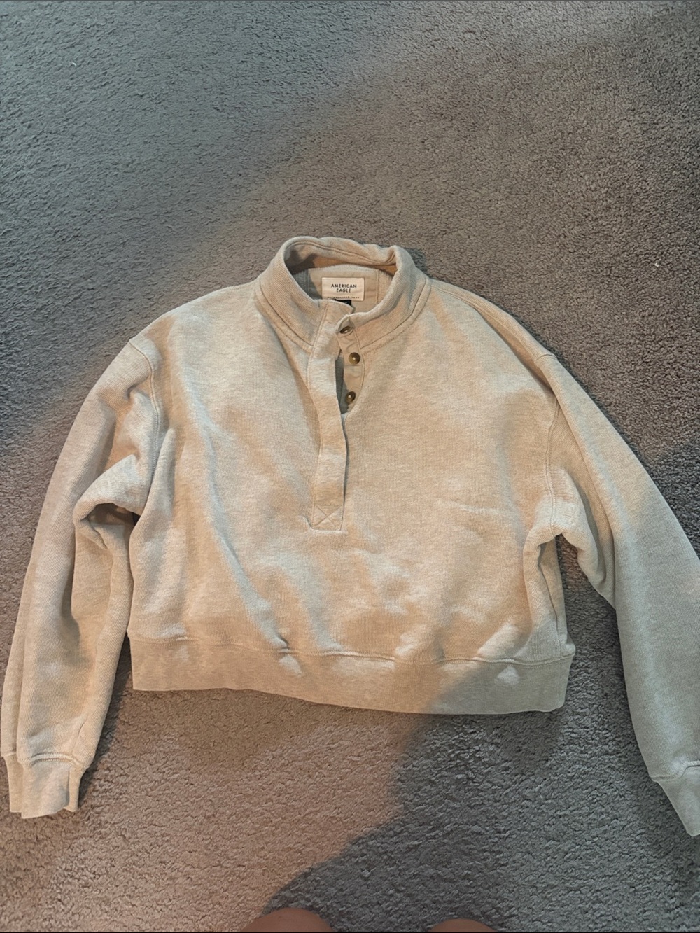 American Eagle Outfitters Light Beige Cropped Button-Placket Sweatshirt